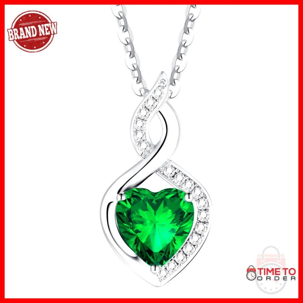 14K White Gold Heart Birthstone Necklace Diamond Pendant Elegant Fine Jewelry